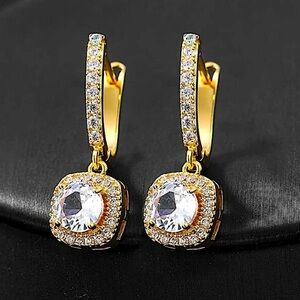 Gold Cubic Zircon Princess Square Cut Diamond Drop Dangle Earrings